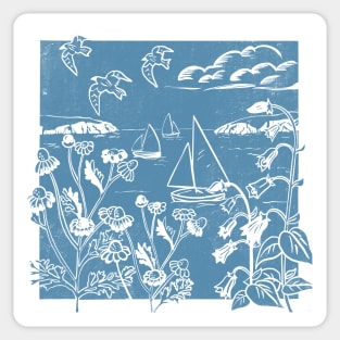 Seaside Linoprint of Sailing Boats and Blue Skies Sticker